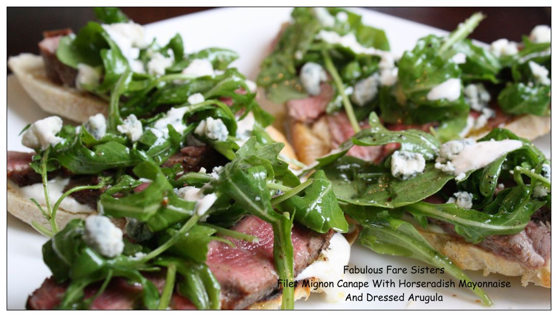 filet-mignon-canape-with-horseradish-mayonnaise-and-dressed-arugula