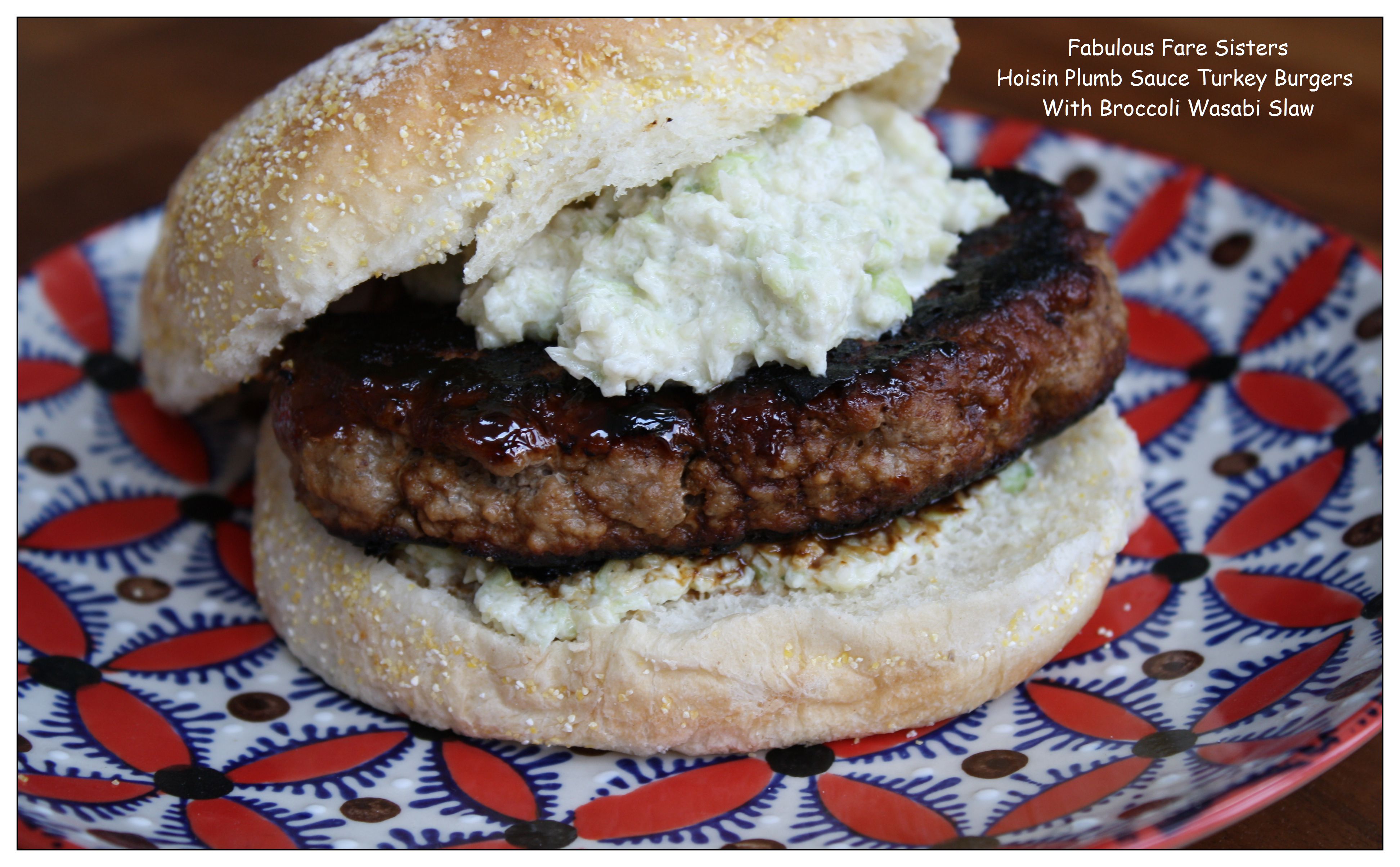 Hoisin Plumb Sauce Turkey Burgers With Broccoli Wasabi Slaw