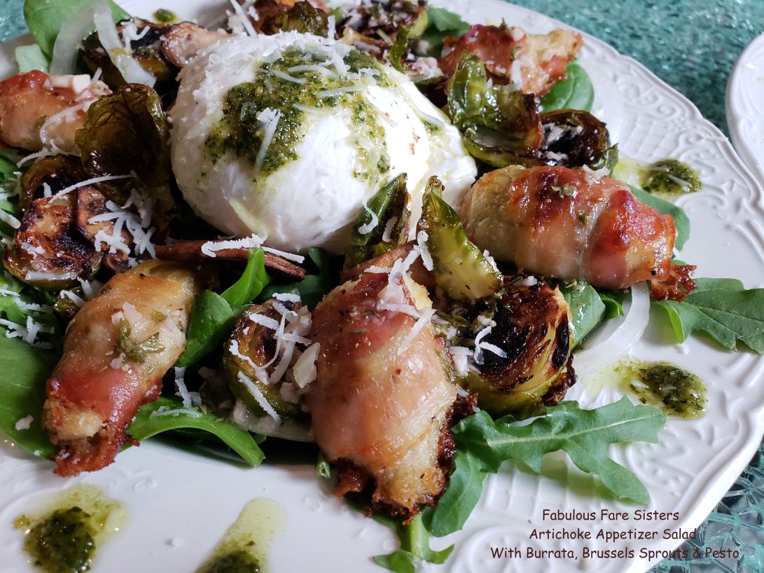 Artichoke Appetizer Salad With Burrata, Brussels Sprouts & Pesto