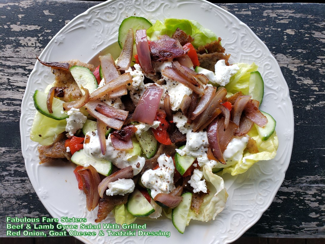 Beef & Lamb Gyros Salad With Grilled Red Onions, Goat Cheese & Tzatziki Dressing